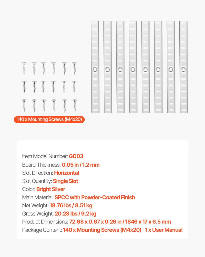 VEVOR Shelf Track 72.3-inch 20 Pack Adjustable Steel Wall Mounted Shelf Pilaster