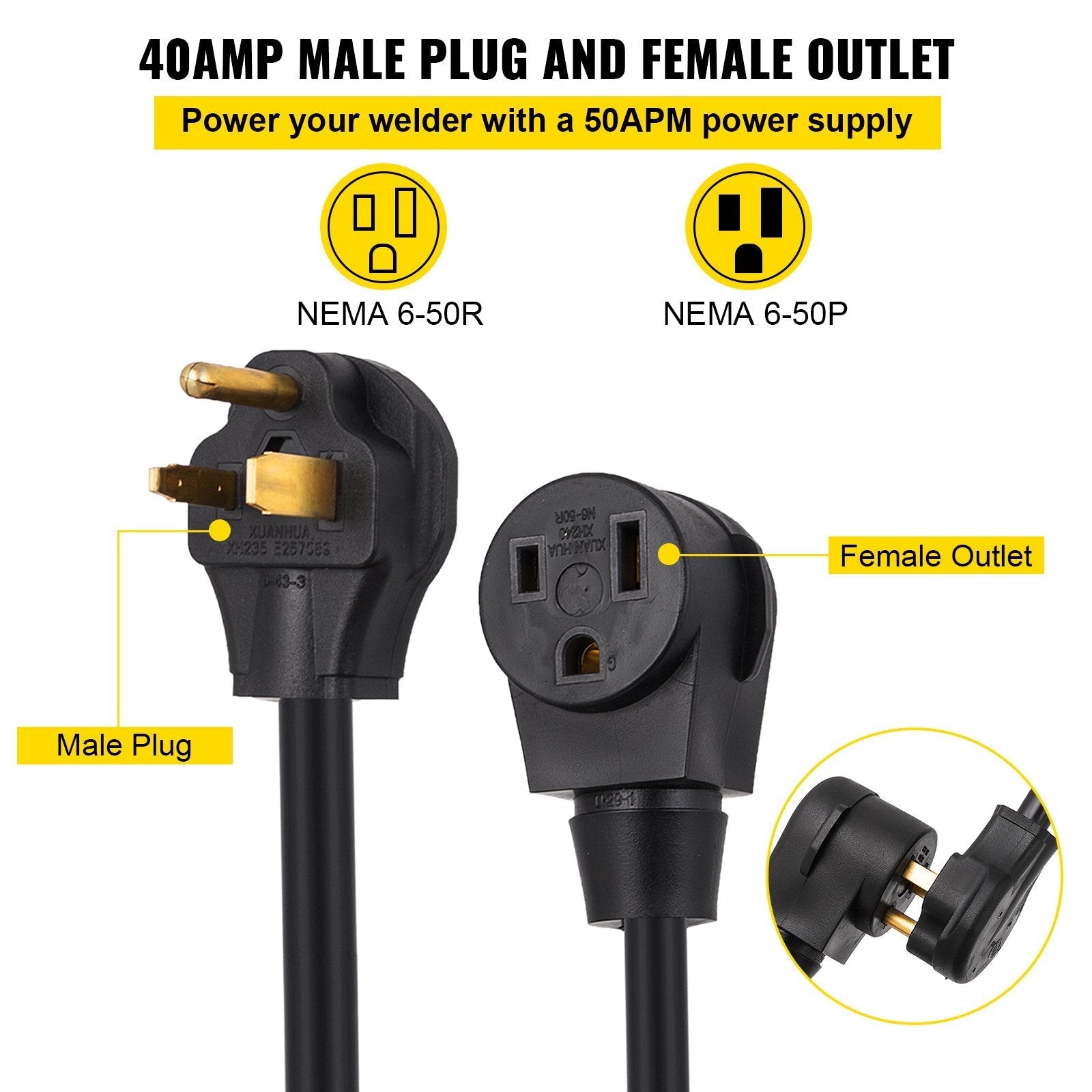 VEVOR Welding Extension Cord, 25 FT 40 AMP, 6-50P/6-50R 8/3 Heavy Duty Welding Cord, 8AWG 250V Welding Machine Cord, Suitable for MIG,Lincoln,Plasma,Miller,TIG