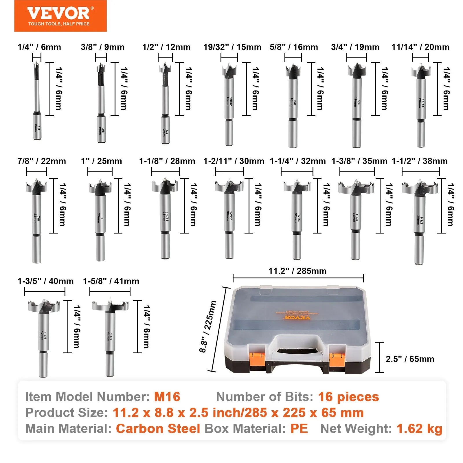 VEVOR Forstner Bit Set, 16 Pcs Forstner Drill Bits Set, 1/4