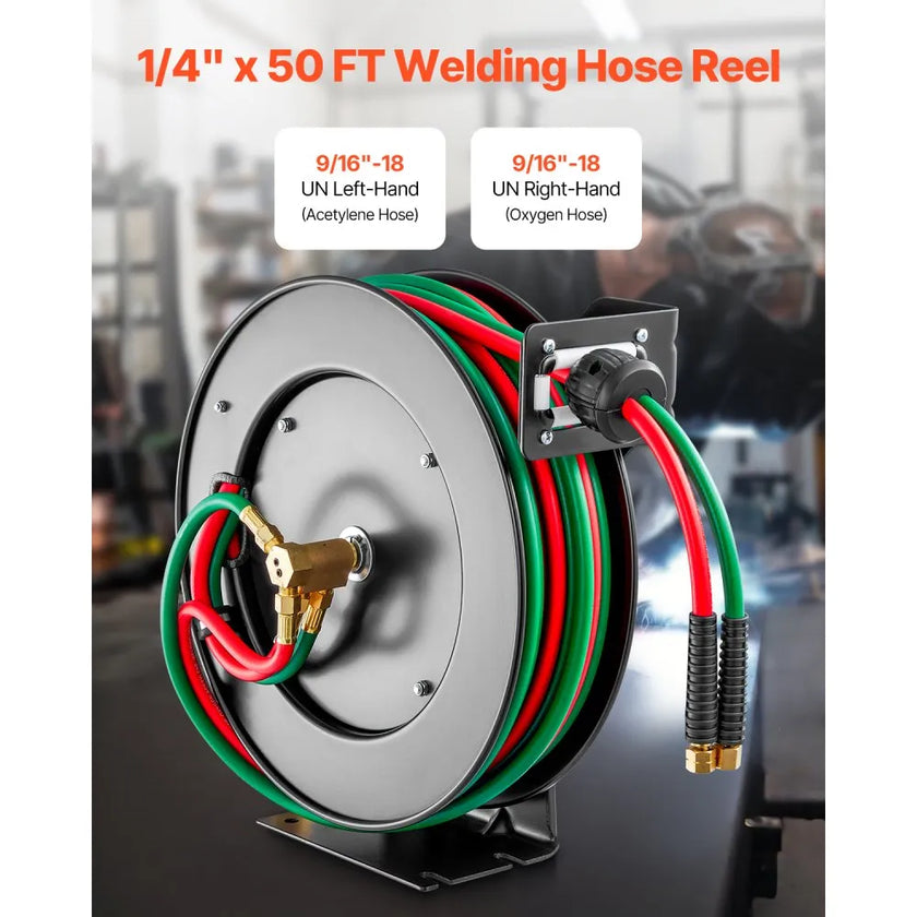 VEVOR Retractable Welding Hose Reel 1/4 inch x 50FT Oxygen Acetylene Rubber Hose