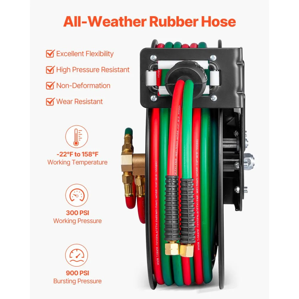 VEVOR Retractable Welding Hose Reel 1/4 inch x 50FT Oxygen Acetylene Rubber Hose