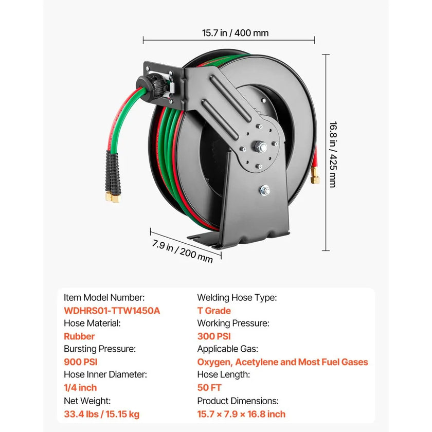 VEVOR Retractable Welding Hose Reel 1/4 inch x 50FT Oxygen Acetylene Rubber Hose