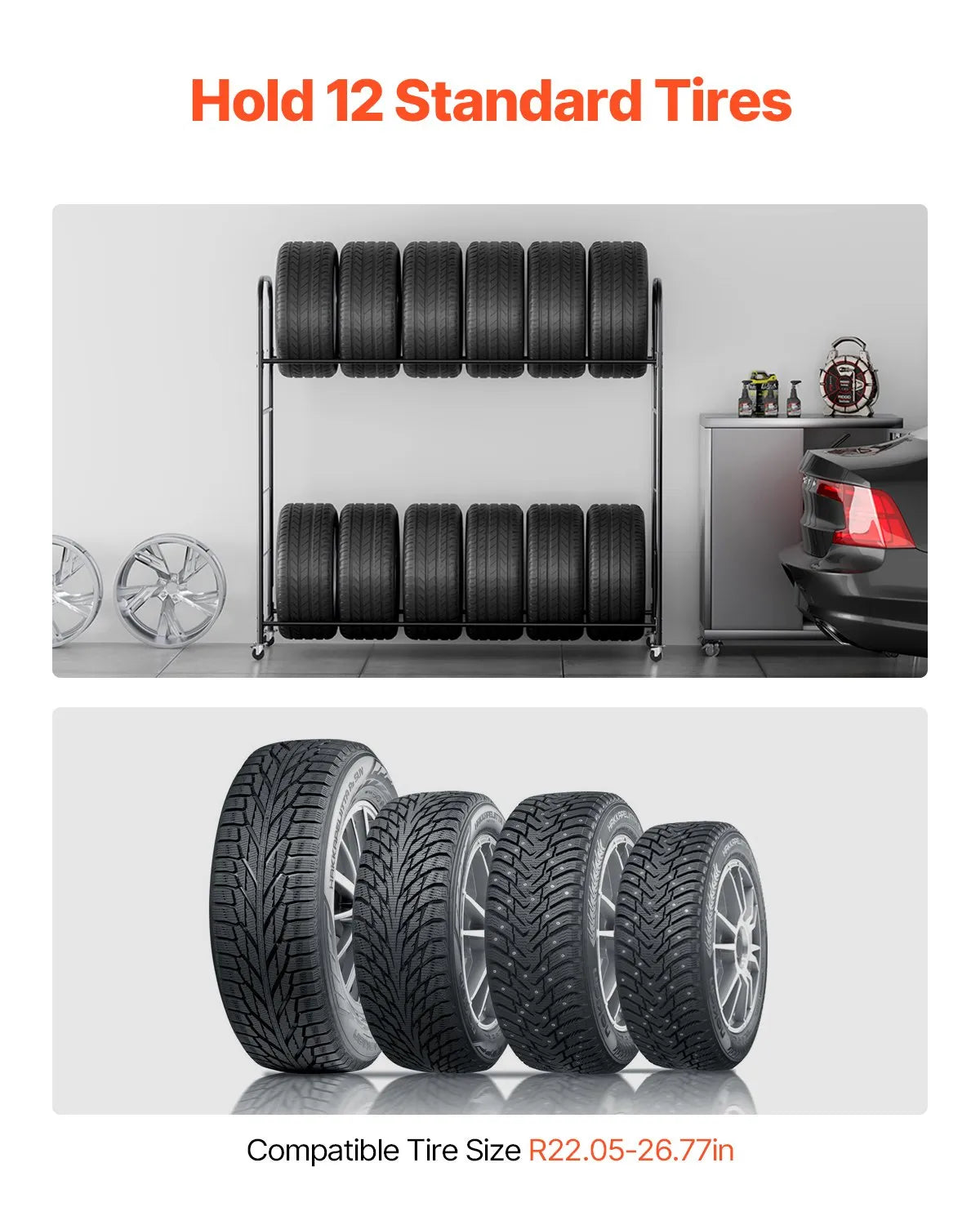 VEVOR Rolling Tire Storage Rack 2-Shelf Tire Holder Hold up to 12 Standard Tires