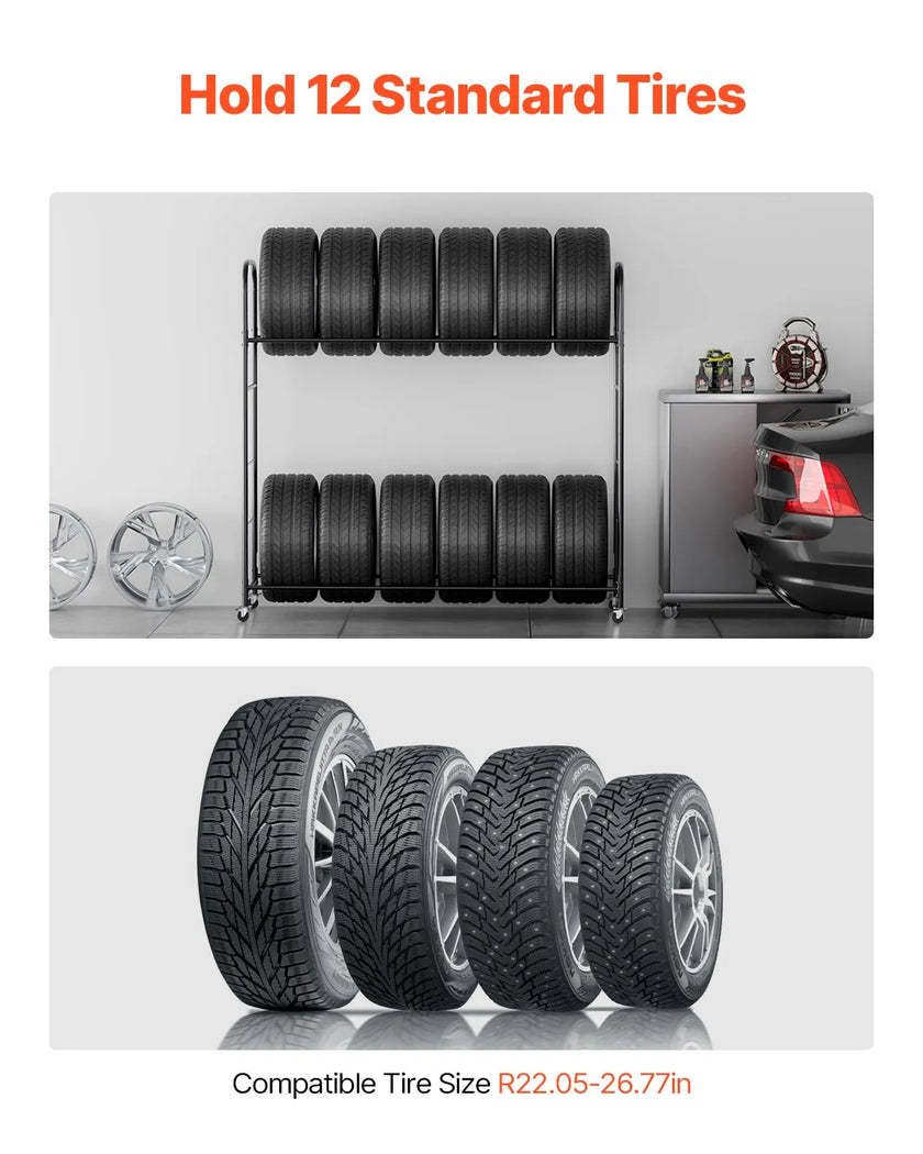 VEVOR Rolling Tire Storage Rack 2-Shelf Tire Holder Hold up to 12 Standard Tires