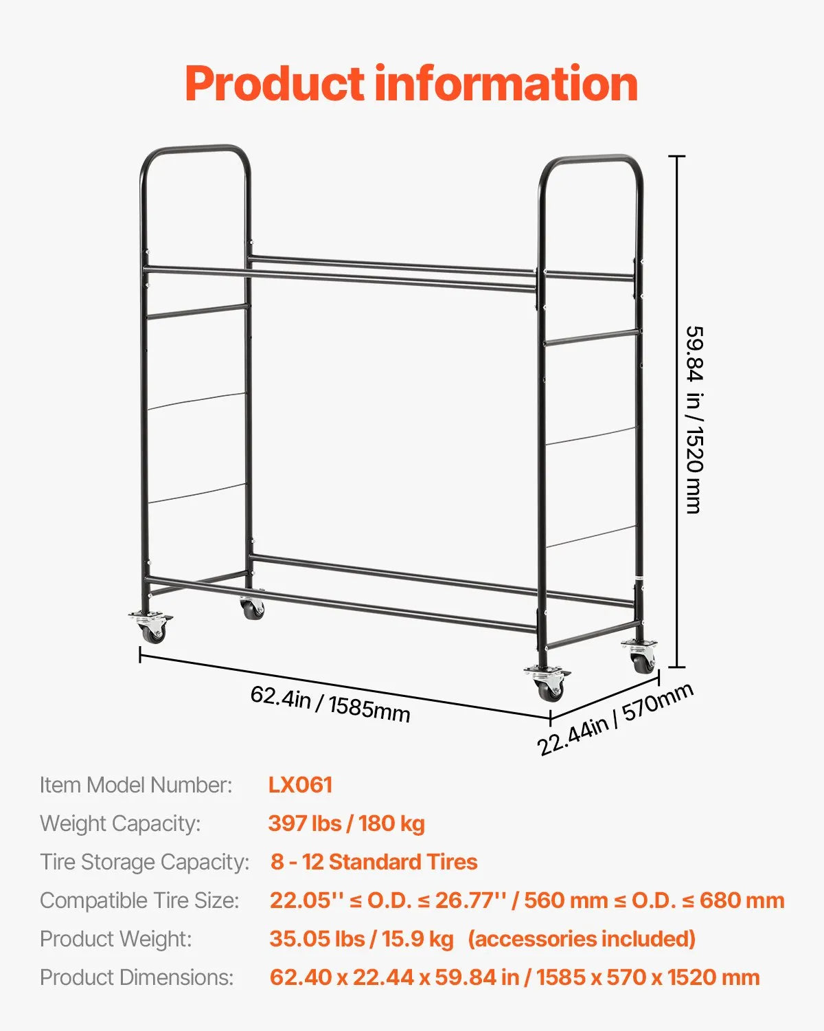 VEVOR Rolling Tire Storage Rack 2-Shelf Tire Holder Hold up to 12 Standard Tires