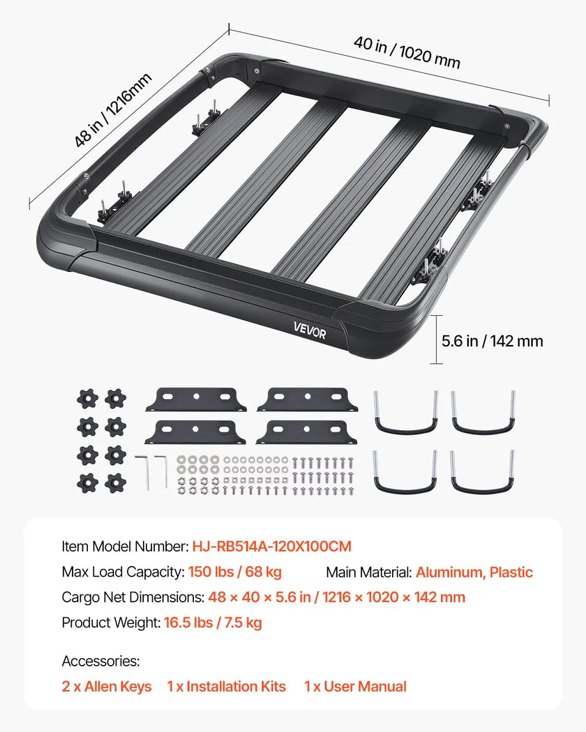VEVOR Roof Rack Cargo Carrier Basket 48 x 40 x 5.6 in Car Top Luggage Holder