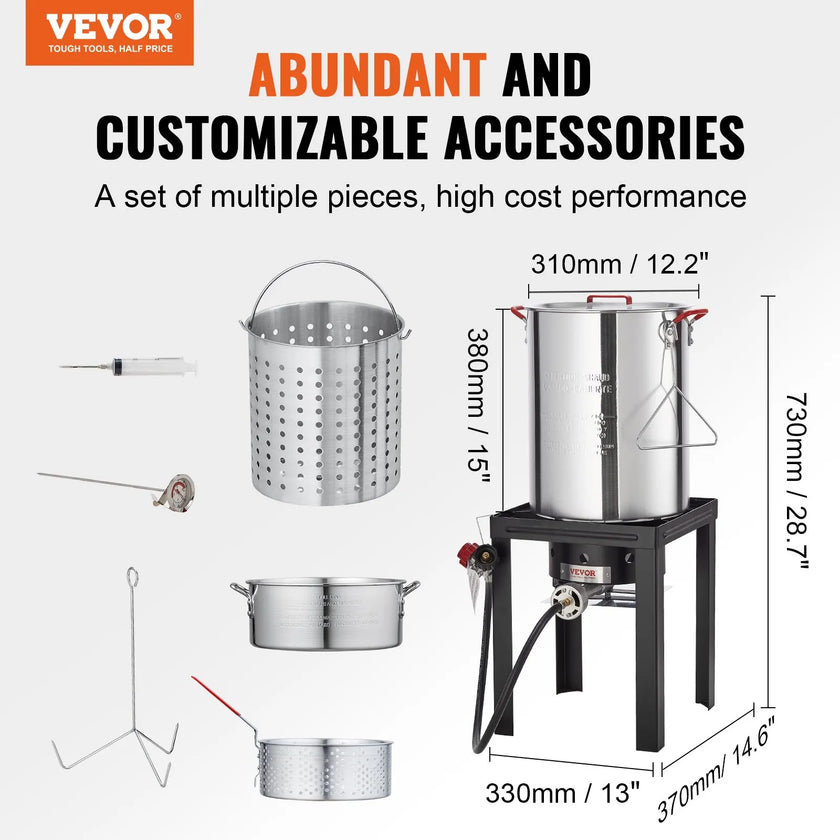 VEVOR Turkey Deep Fryer, 30-qt Turkey & 10-qt Fish Steamer Cooker Set, Outdoor Aluminum Seafood Frying Pot, 54,000 BTU Burner Propane Gas Boiler, Includes Baskets, Perforated Poultry Rack, Thermometer