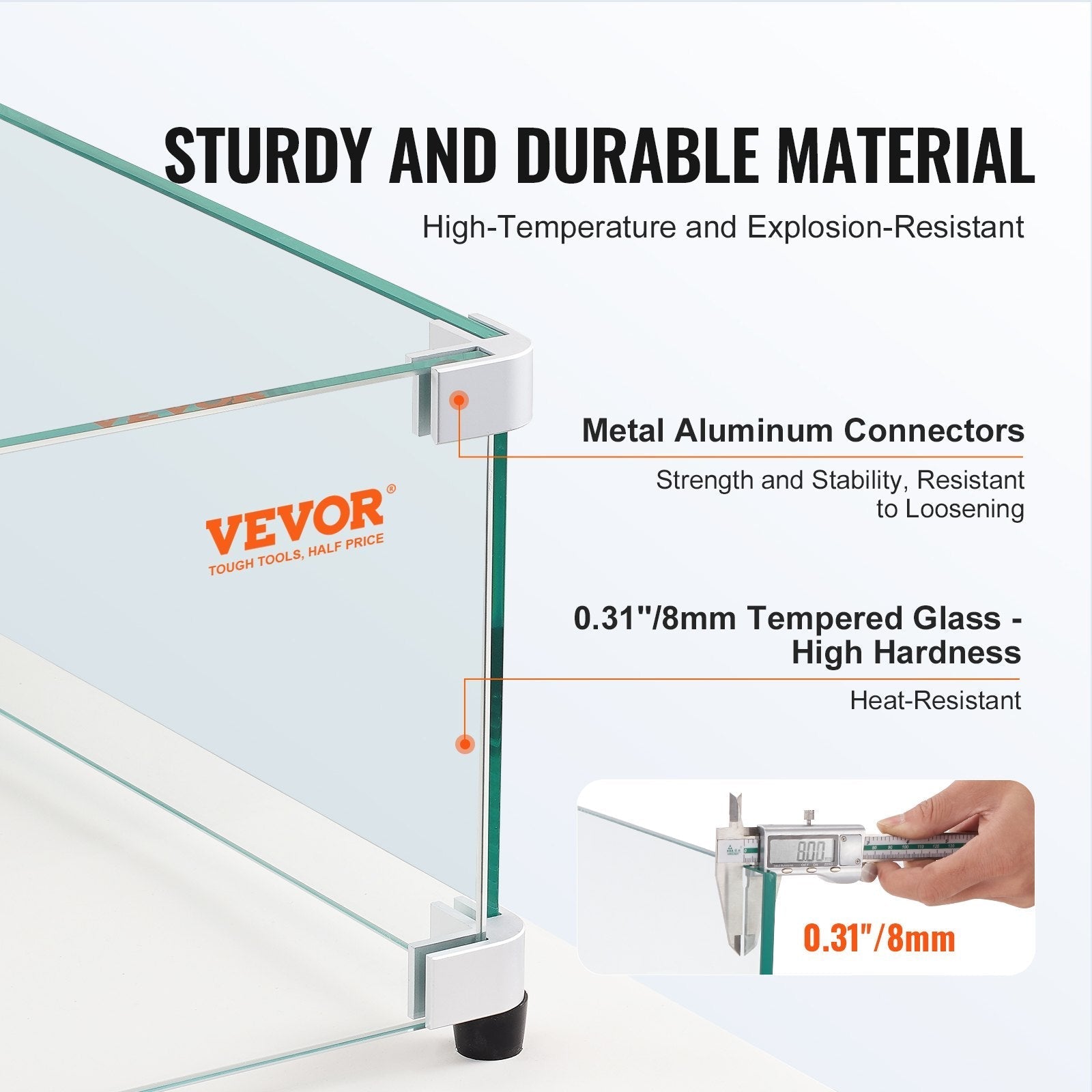 VEVOR Glass Wind Guard for Rectangular Fire Pit Table 30 x 14 x 7.5 Inch, 0.31 inch Thick and Sturdy Tempered Glass Panel with Hard Aluminum Corner Bracket & Rubber Feet, Easy to Assemble