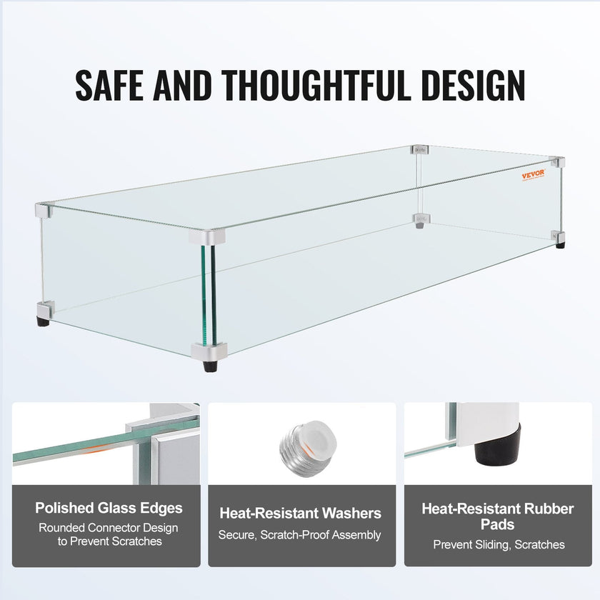 VEVOR Glass Wind Guard for Rectangular Fire Pit Table 44 x 14 x 7.5 Inch, 0.31 inch Thick and Sturdy Tempered Glass Panel with Hard Aluminum Corner Bracket & Rubber Feet, Easy to Assemble