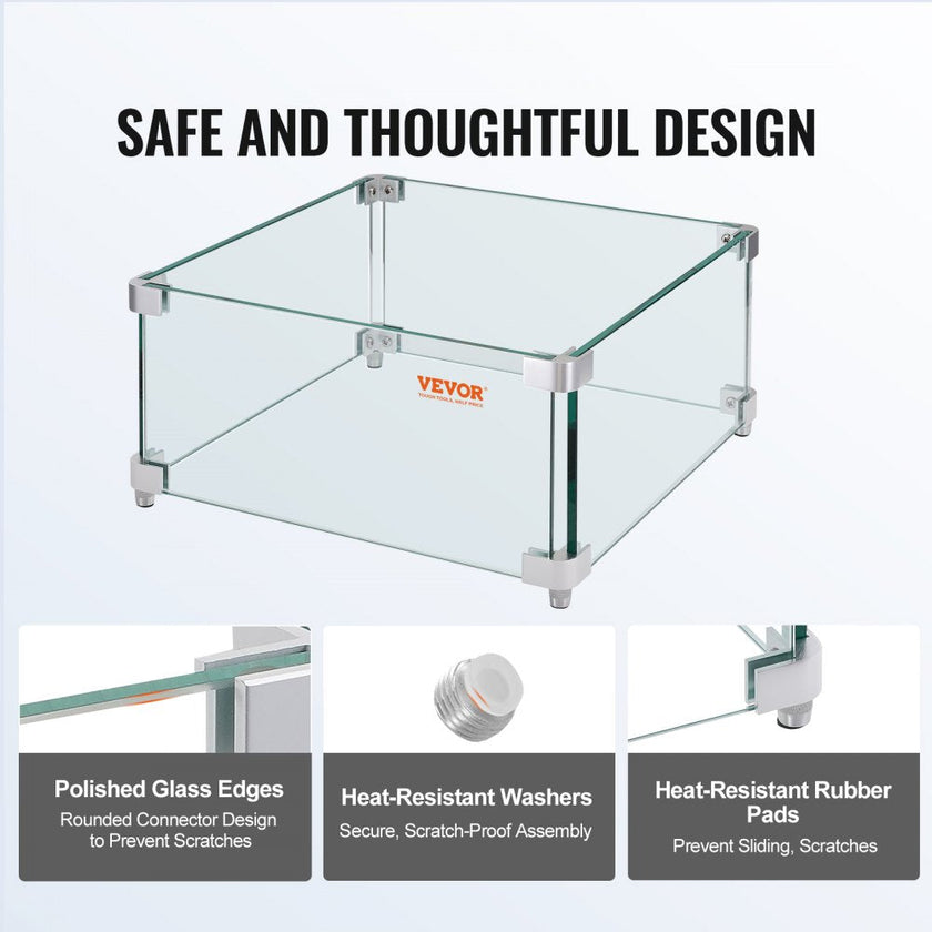 VEVOR Gas Fire Pit Wind Guard for Square Fire Table, 15 x 15 x 7 inch Clear Tempered Wind Guard for Firepits, 0.31 inch Thick Square Glass Shield, Glass Panel with Hard Corner Bracket & Feet