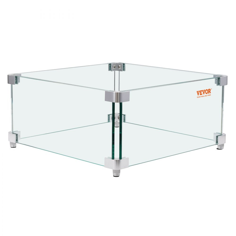 VEVOR Gas Fire Pit Wind Guard for Square Fire Table, 15 x 15 x 7 inch Clear Tempered Wind Guard for Firepits, 0.31 inch Thick Square Glass Shield, Glass Panel with Hard Corner Bracket & Feet