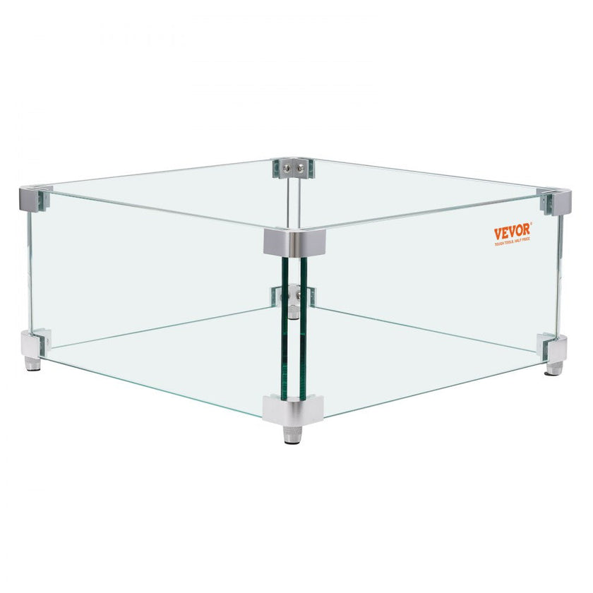 VEVOR Gas Fire Pit Wind Guard for Square Fire Table, 15 x 15 x 7 inch Clear Tempered Wind Guard for Firepits, 0.31 inch Thick Square Glass Shield, Glass Panel with Hard Corner Bracket & Feet