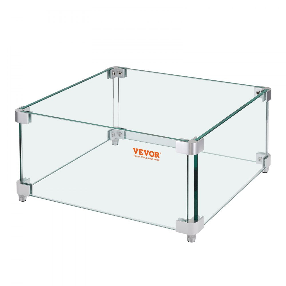 VEVOR Gas Fire Pit Wind Guard for Square Fire Table, 15 x 15 x 7 inch Clear Tempered Wind Guard for Firepits, 0.31 inch Thick Square Glass Shield, Glass Panel with Hard Corner Bracket & Feet