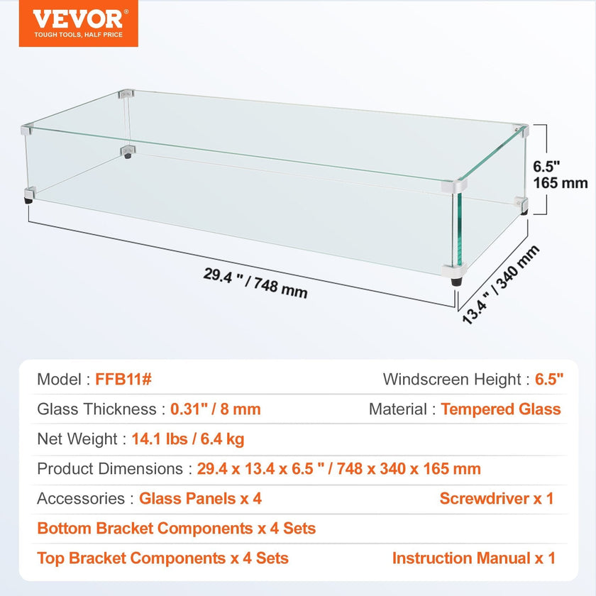 VEVOR Glass Wind Guard for Rectangular Fire Pit Table 29 x 13 x 6.5 Inch, 0.31 inch Thick and Sturdy Tempered Glass Panel with Hard Aluminum Corner Bracket & Rubber Feet, Easy to Assemble