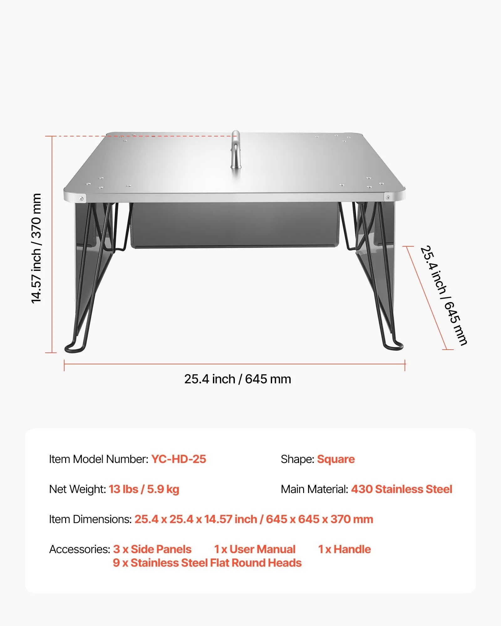 VEVOR Fire Pit Heat Deflector 25x25x14 in Outdoor Burner Cover Stainless Steel
