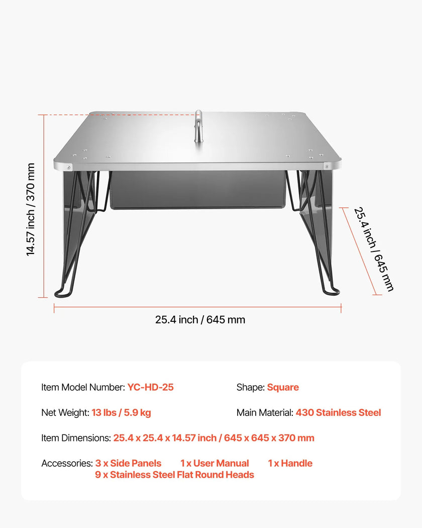 VEVOR Fire Pit Heat Deflector 25x25x14 in Outdoor Burner Cover Stainless Steel