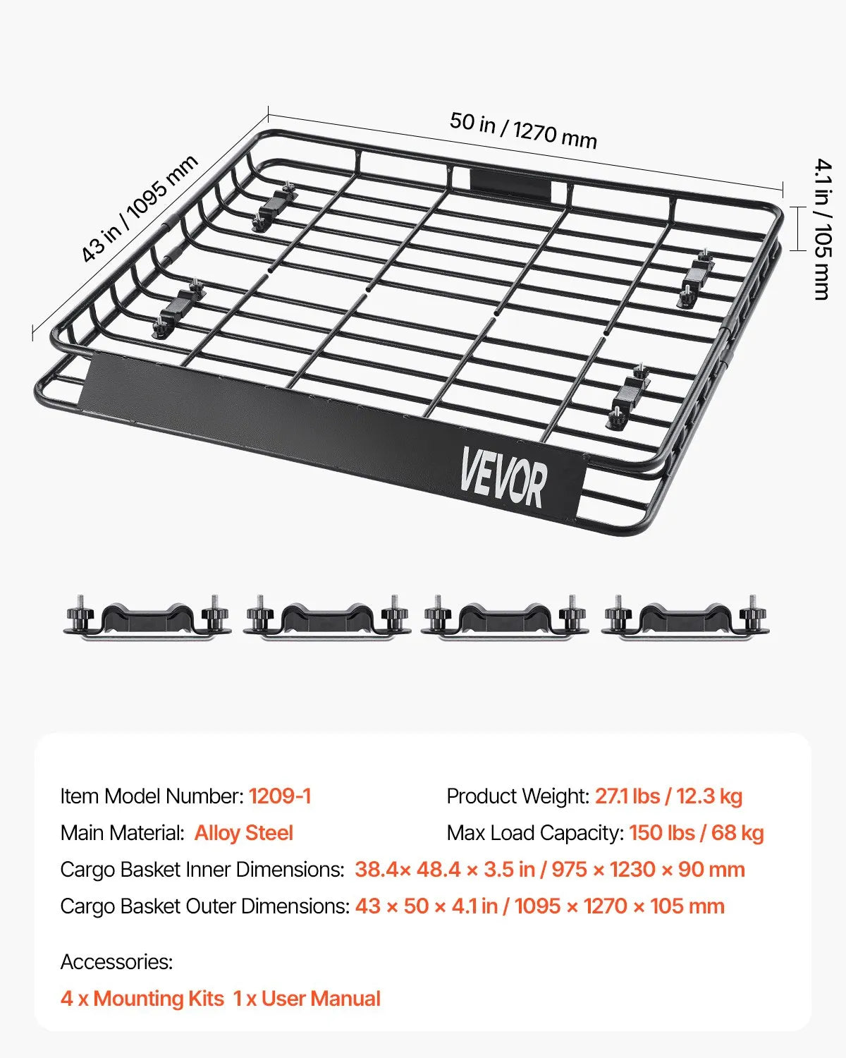 VEVOR Roof Rack Cargo Carrier Basket 43 x 50 x 4.1 in Car Top Luggage Holder