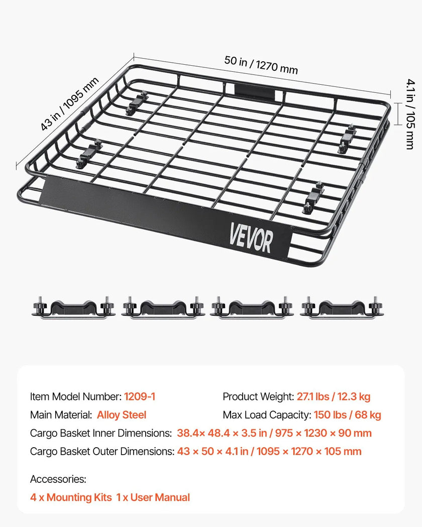 VEVOR Roof Rack Cargo Carrier Basket 43 x 50 x 4.1 in Car Top Luggage Holder