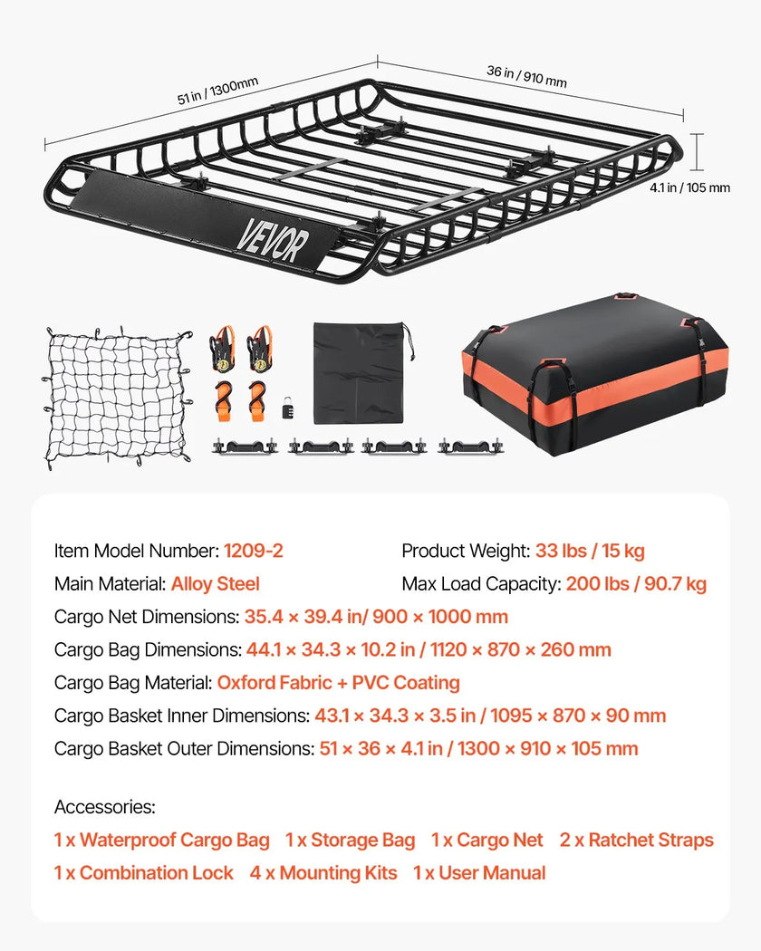 VEVOR Roof Rack Cargo Carrier Basket 51 x 36 x 4.1 in Car Top Luggage Holder Bag
