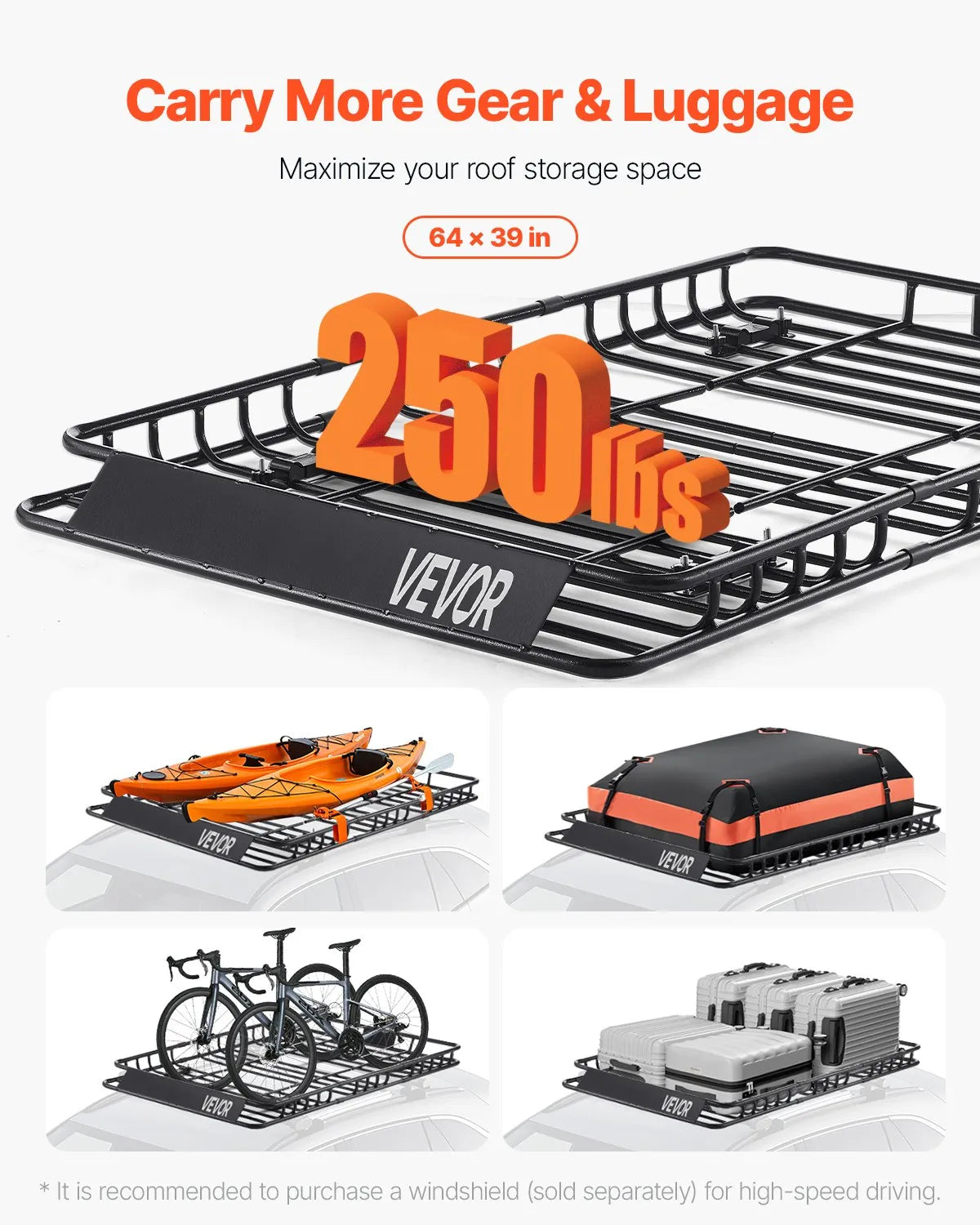 VEVOR Roof Rack Cargo Carrier Basket 64 x 39 x 4.1 in Car Top Luggage Holder Bag