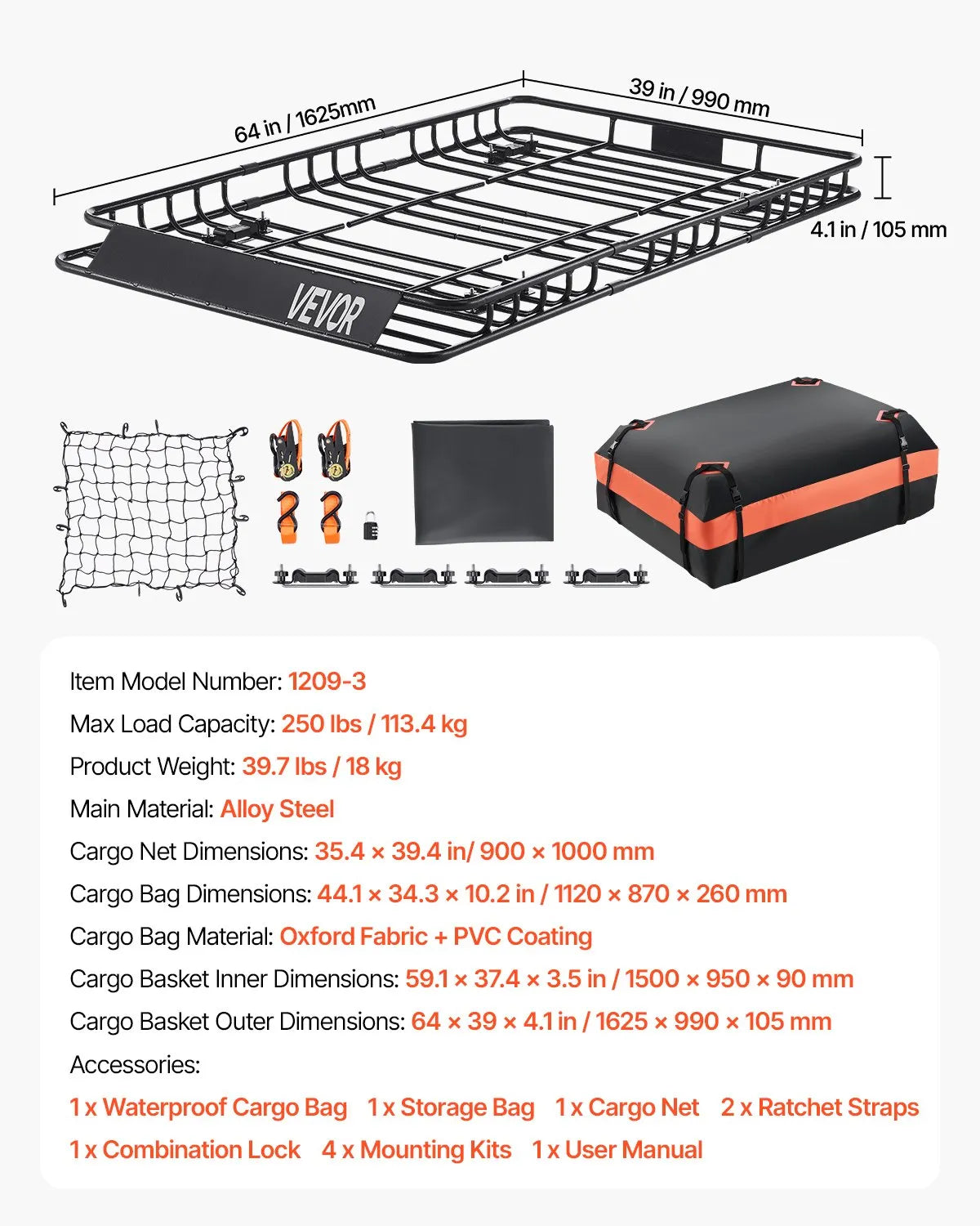 VEVOR Roof Rack Cargo Carrier Basket 64 x 39 x 4.1 in Car Top Luggage Holder Bag