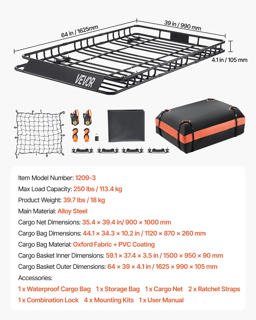 VEVOR Roof Rack Cargo Carrier Basket 64 x 39 x 4.1 in Car Top Luggage Holder Bag
