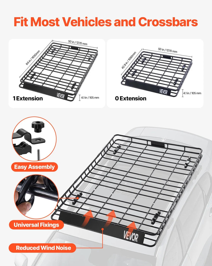 VEVOR Roof Rack Cargo Carrier Basket 64 x 50 x 4.1 in Car Top Luggage Holder Net
