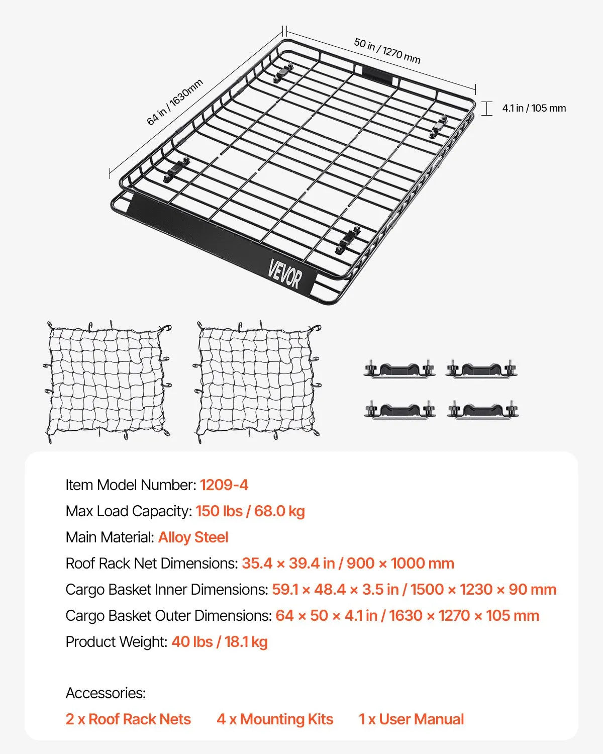 VEVOR Roof Rack Cargo Carrier Basket 64 x 50 x 4.1 in Car Top Luggage Holder Net