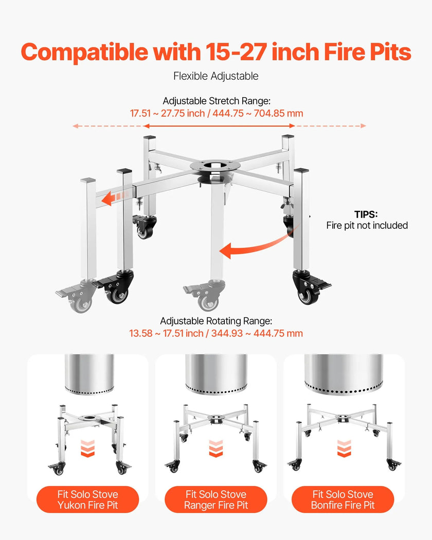 VEVOR Fire Pit Stand 15-27 Inch Adjustable with 4 Casters for Solo Stove