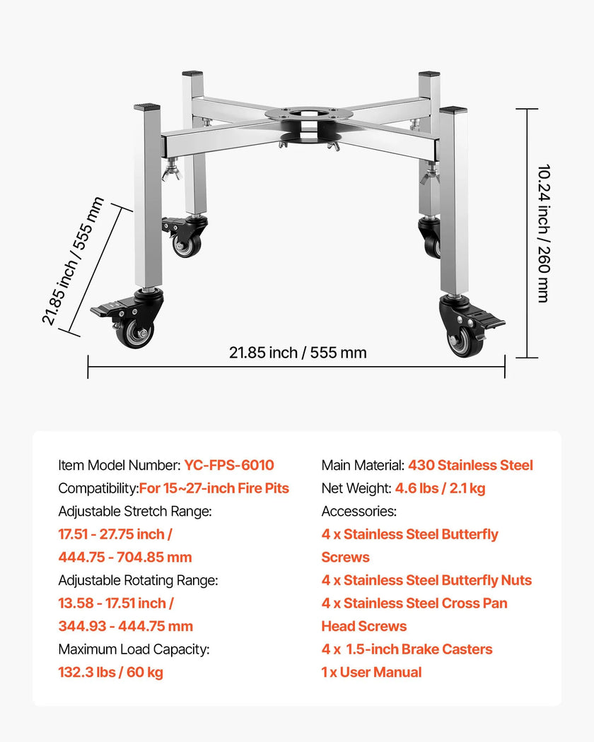 VEVOR Fire Pit Stand 15-27 Inch Adjustable with 4 Casters for Solo Stove