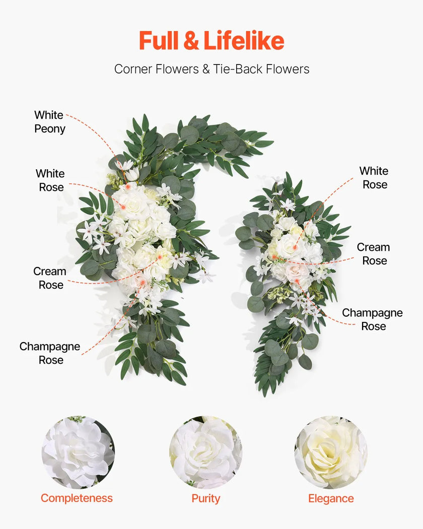 VEVOR Artificial Wedding Arch Flowers Kit White With 2 Pcs Flowers 1 Pcs Drapes