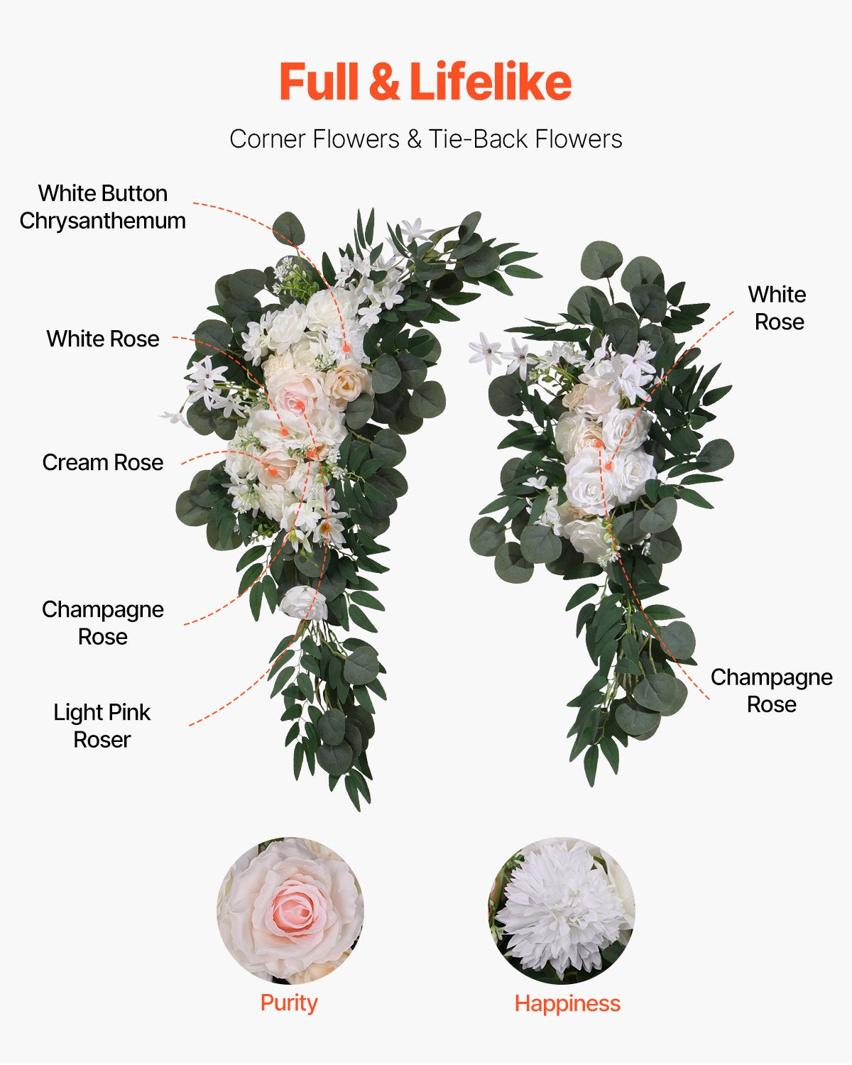 VEVOR Artificial Wedding Arch Flowers Kit White With 2 Pcs Flowers 2 Pcs Drapes