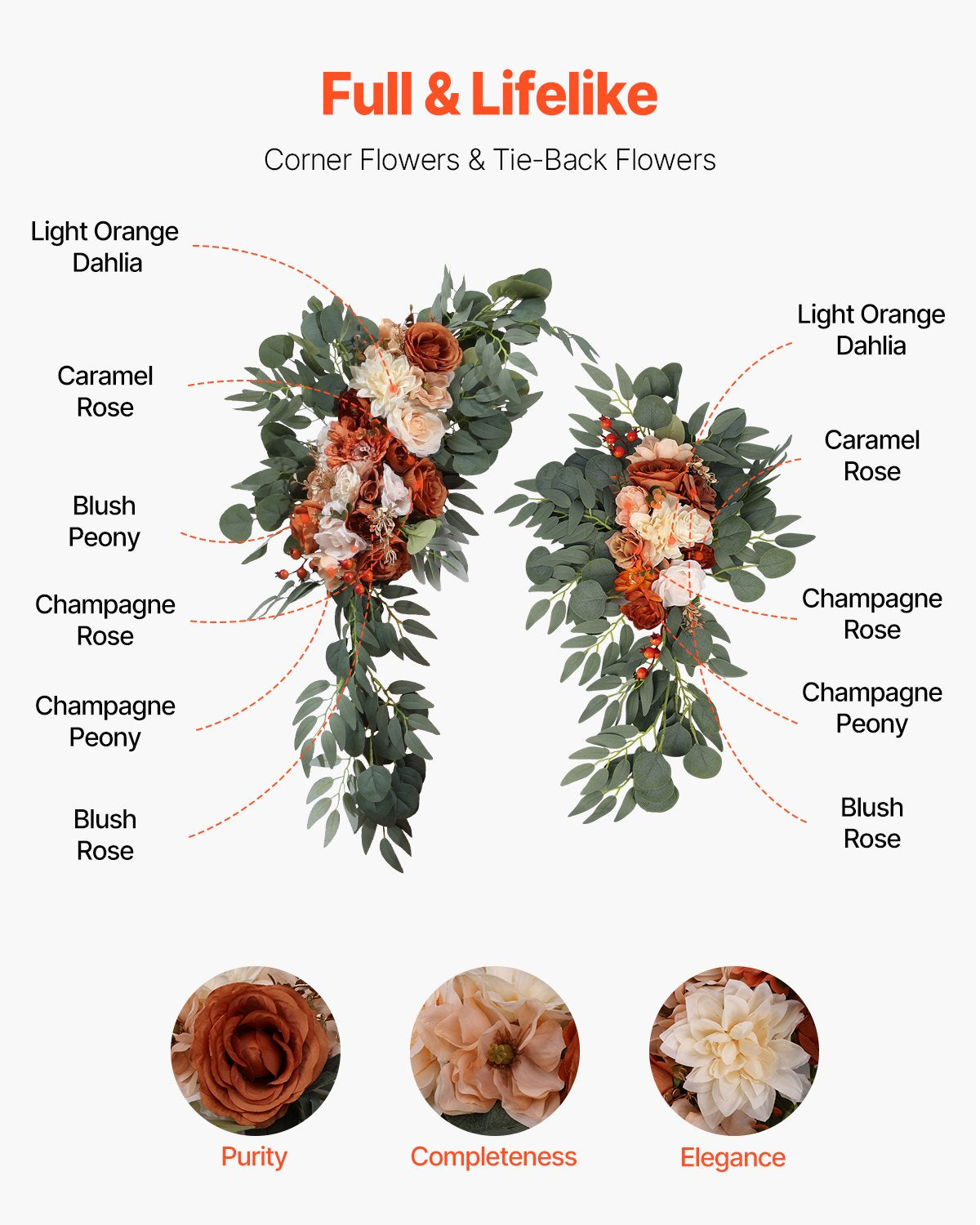 VEVOR Artificial Wedding Arch Flowers Kit Orange With 2 Pcs Flowers 2 Pcs Drapes