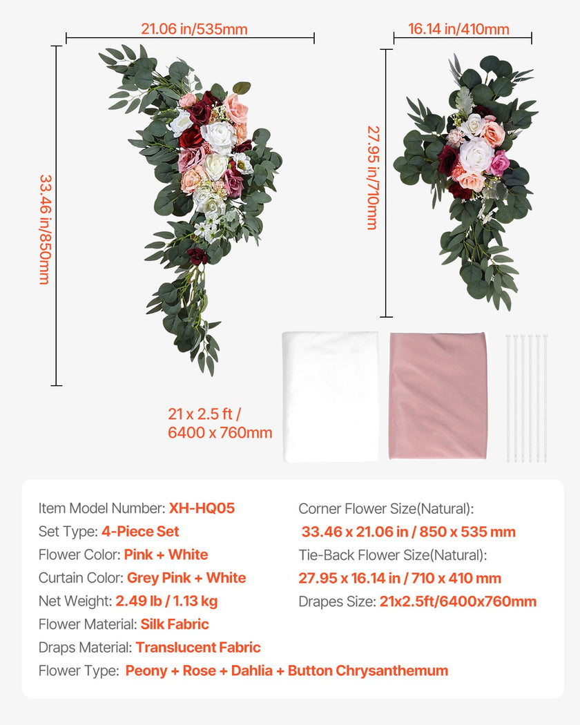 VEVOR Artificial Wedding Arch Flowers Kit Pink With 2 Pcs Flowers 2 Pcs Drapes