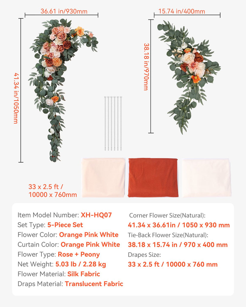 VEVOR Artificial Wedding Arch Flowers Kit Orange With 2 Pcs Flowers 3 Pcs Drapes
