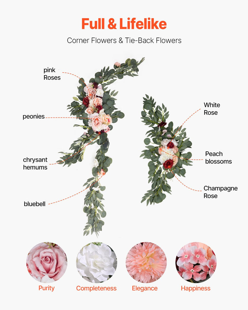 VEVOR Artificial Wedding Arch Flowers Kit Pink With 2 Pcs Flowers 3 Pcs Drapes