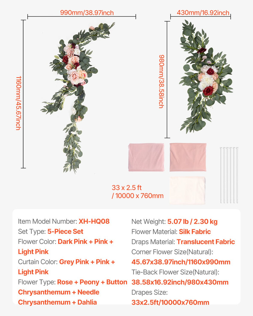 VEVOR Artificial Wedding Arch Flowers Kit Pink With 2 Pcs Flowers 3 Pcs Drapes