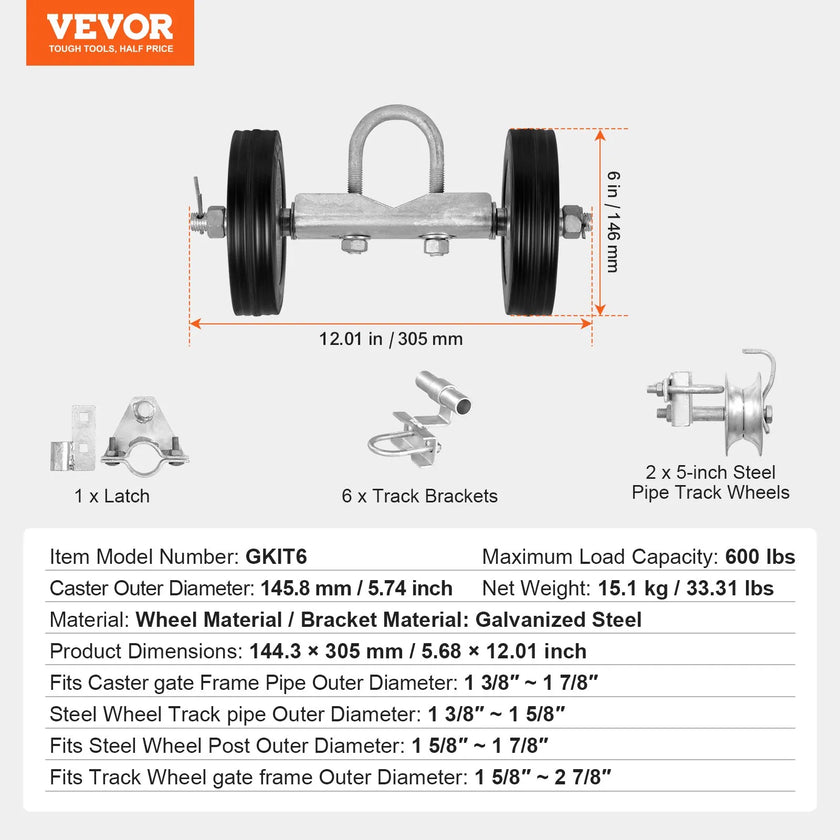 VEVOR Sliding Gate Kit 6” Sliding Rollers for Connect Tracks Max.600LBS