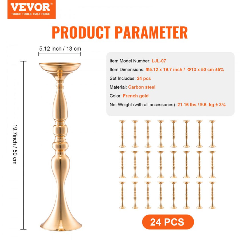 VEVOR 24PCS 50cm/19.7” Wedding Flower Vase Metal Gold Floral Stand for Table