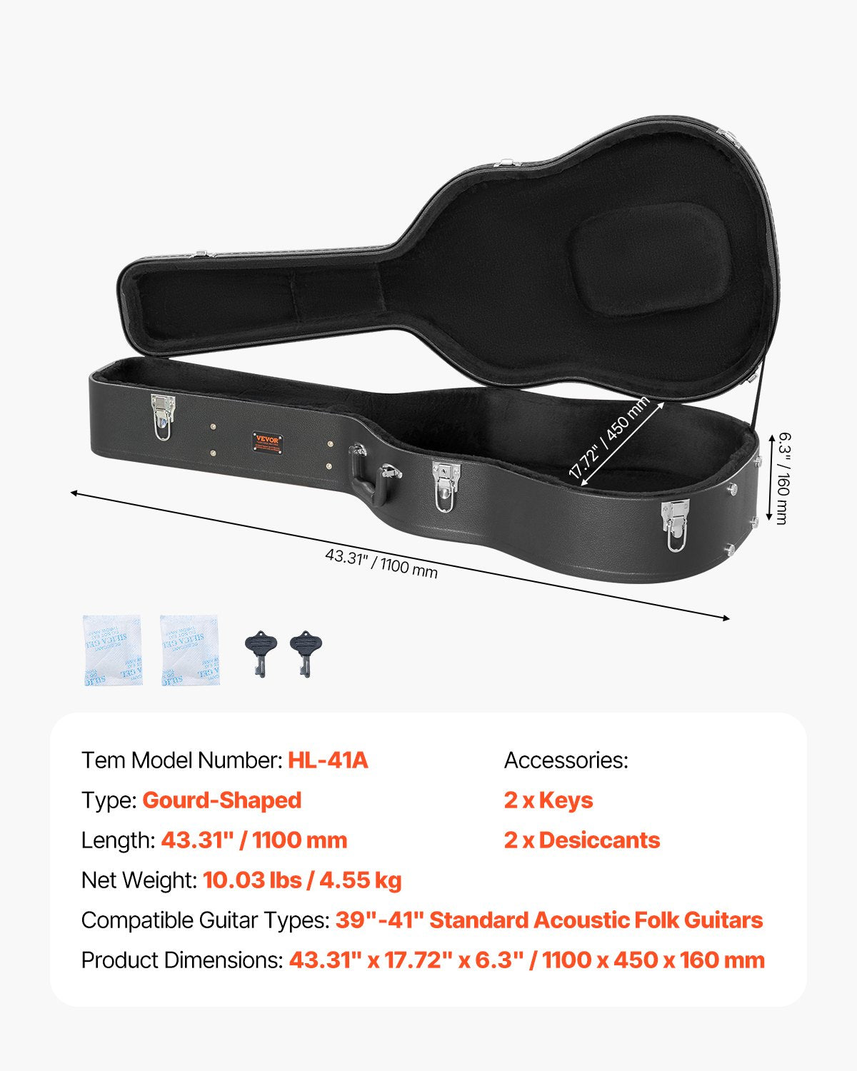 VEVOR Acoustic Guitar Hard Case 43.31 in With Lock And Keys for Acoustic Guitar