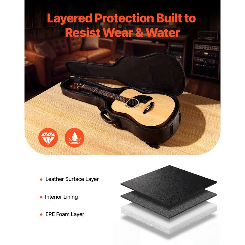 Acoustic Guitar Hard Case for 41-Inch Guitars, Hard-Shell Protective Travel Case with Accessory Compartment, Backpack Straps & Handle
