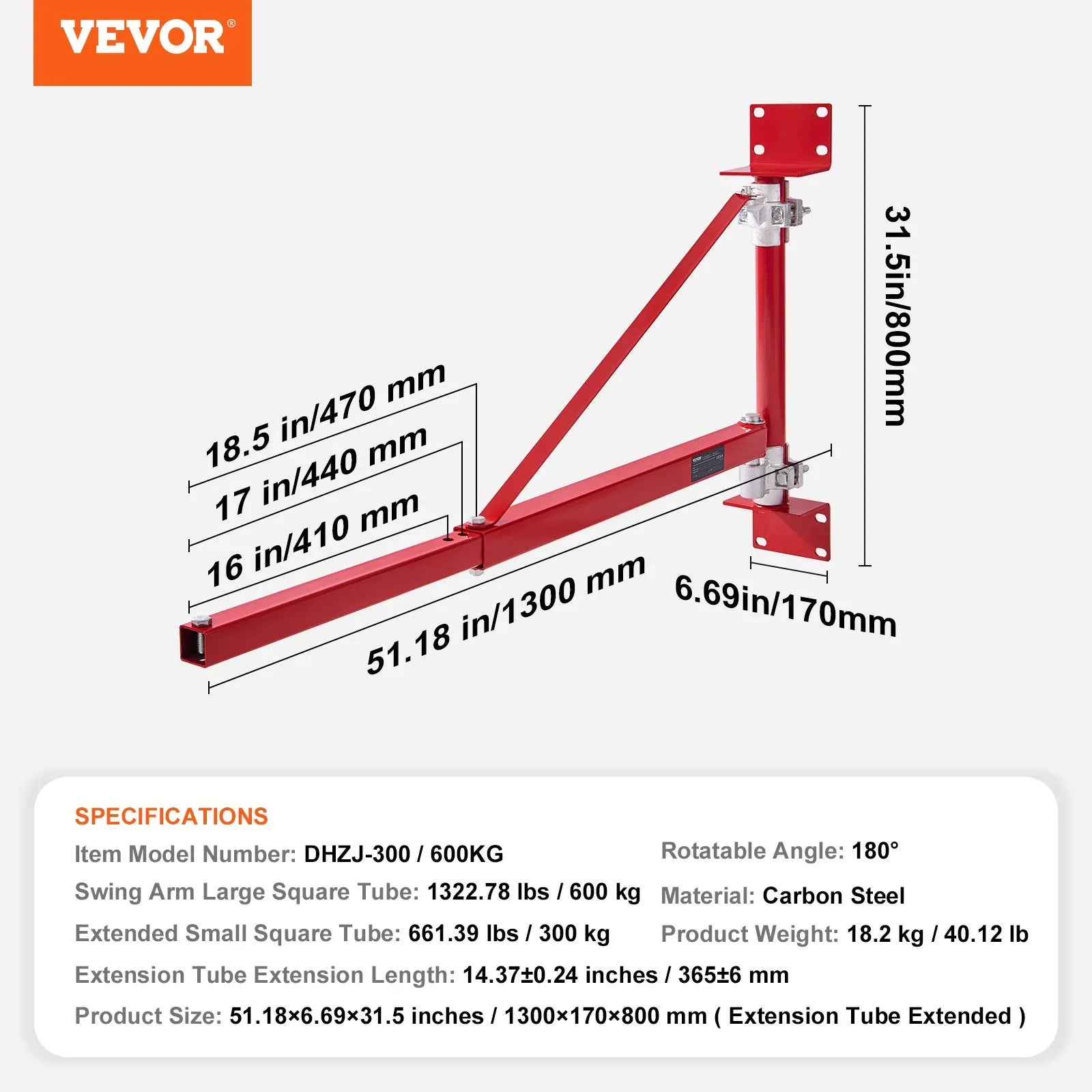 VEVOR Electric Hoist Support Arm, 1320 lbs Max Load Capacity, Electric Hoist Holder Swing Arm with Pole, Steel Hoist Frame, 180° Swivel Scaffold Hoist Lifting Arm, Winch Hoist Arm for Workshop, Garage