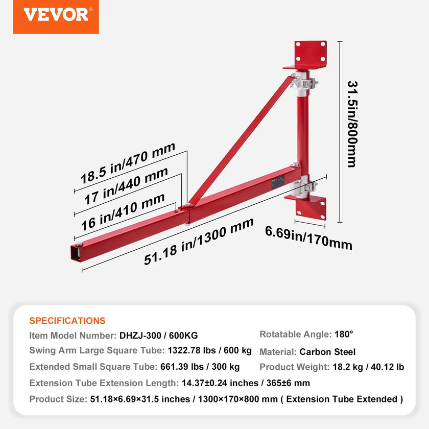 VEVOR Electric Hoist Support Arm, 1320 lbs Max Load Capacity, Electric Hoist Holder Swing Arm with Pole, Steel Hoist Frame, 180° Swivel Scaffold Hoist Lifting Arm, Winch Hoist Arm for Workshop, Garage