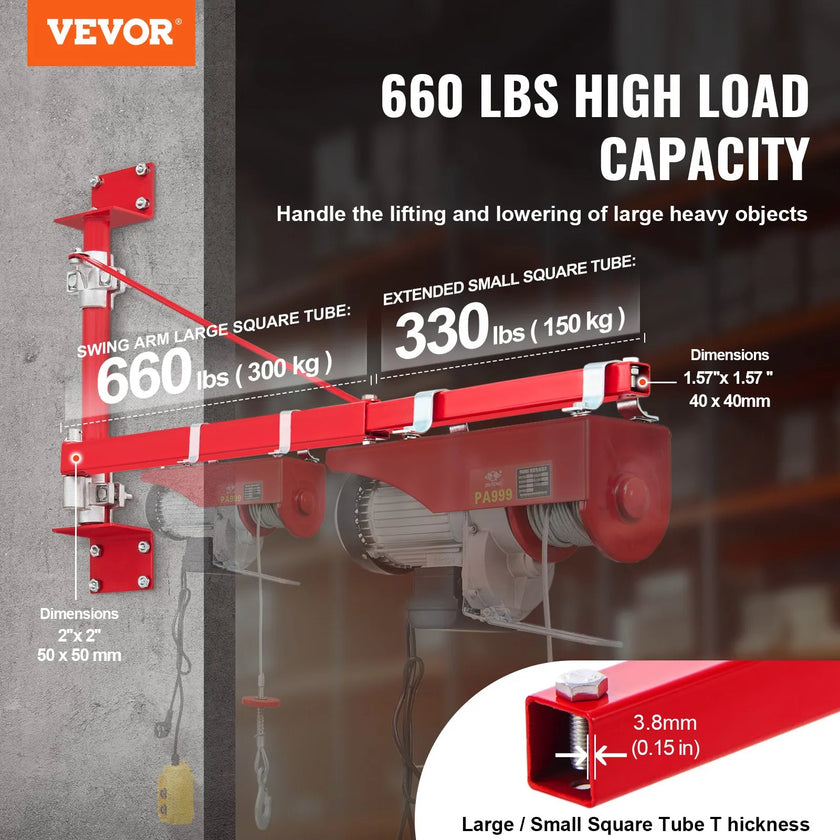 VEVOR Electric Hoist Support Arm, 660 lbs Max Load Capacity, Electric Hoist Holder Swing Arm with Pole, Steel Hoist Frame, 180° Swivel Scaffold Hoist Lifting Arm, Winch Hoist Arm for Workshop, Garage