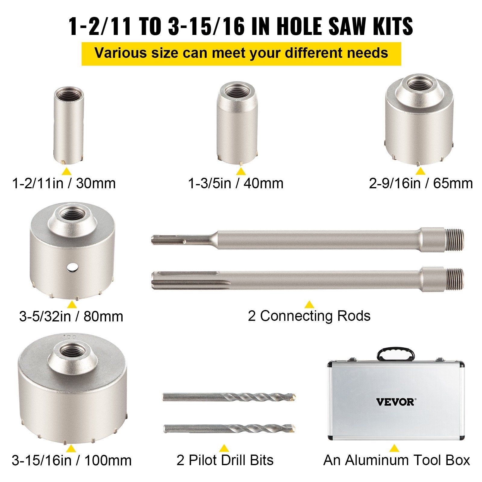 VEVOR Concrete Hole Saw Kit, 30/40/65/80/100mm Drill Bit Set SDS Plus or SDS Max Shank Wall Hole Cutter with 11.8
