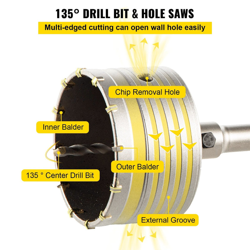 VEVOR Concrete Hole Saw Kit, 30/40/65/80/100mm Drill Bit Set SDS Plus or SDS Max Shank Wall Hole Cutter with 300mm Connecting Rod for Brick, Concrete, Cement, Stone Wall, Masonry, Tile