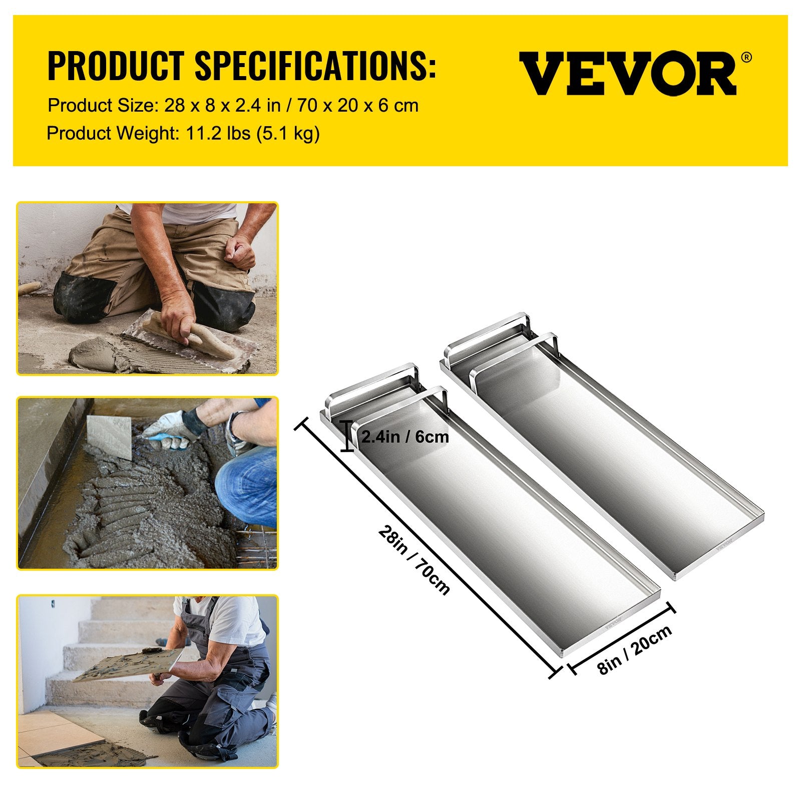 VEVOR Concrete Knee Boards 28'' x 8'' Slider Knee Boards, Kneeler Board Stainless Steel Knee boards, Concrete Board Slider Tools, Pair Moving Sliders with Rouned Conner, for Cement & Concrete Finish