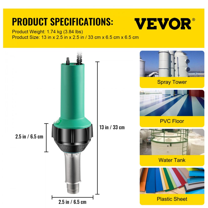VEVOR Roofing Welder, 4 Pcs PVC Welding Gun, 1600W Hot Air Plastic Welder, 120V PVC Heat Gun, Plastic Welder w/ Mica Pipe Heating Core, Stepless Temperature Regulation 104-1112 °F Plastic Welder Kit