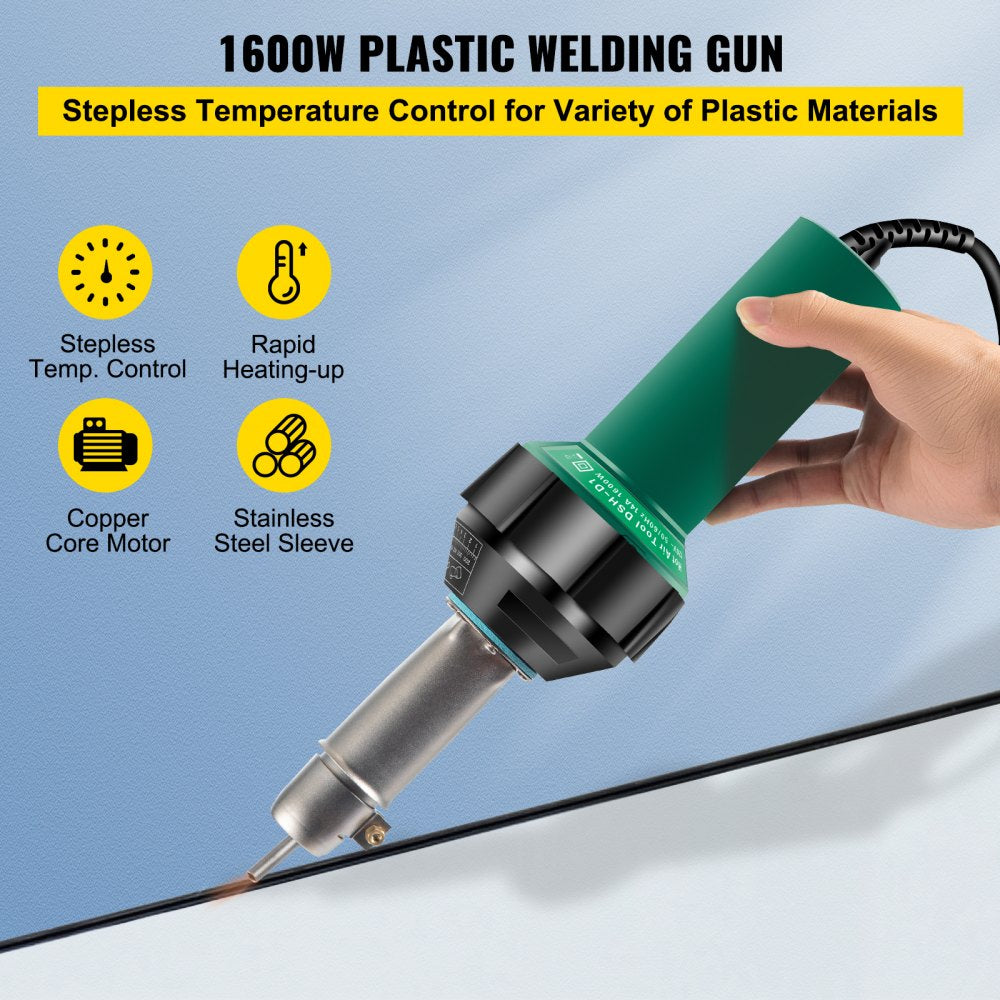 VEVOR Roofing Welder, 8 Pcs PVC Welding Gun, 1600W Pvc Welder With Case, 120V PVC Heat Gun, Plastic Welder w/ Mica Pipe Heating Core, Stepless Temperature Regulation 104-1112 °F Plastic Welder Kit