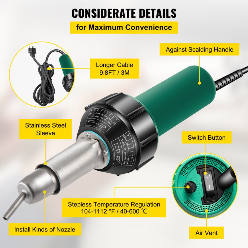 VEVOR Roofing Welder, 8 Pcs PVC Welding Gun, 1600W Pvc Welder With Case, 120V PVC Heat Gun, Plastic Welder w/ Mica Pipe Heating Core, Stepless Temperature Regulation 104-1112 °F Plastic Welder Kit